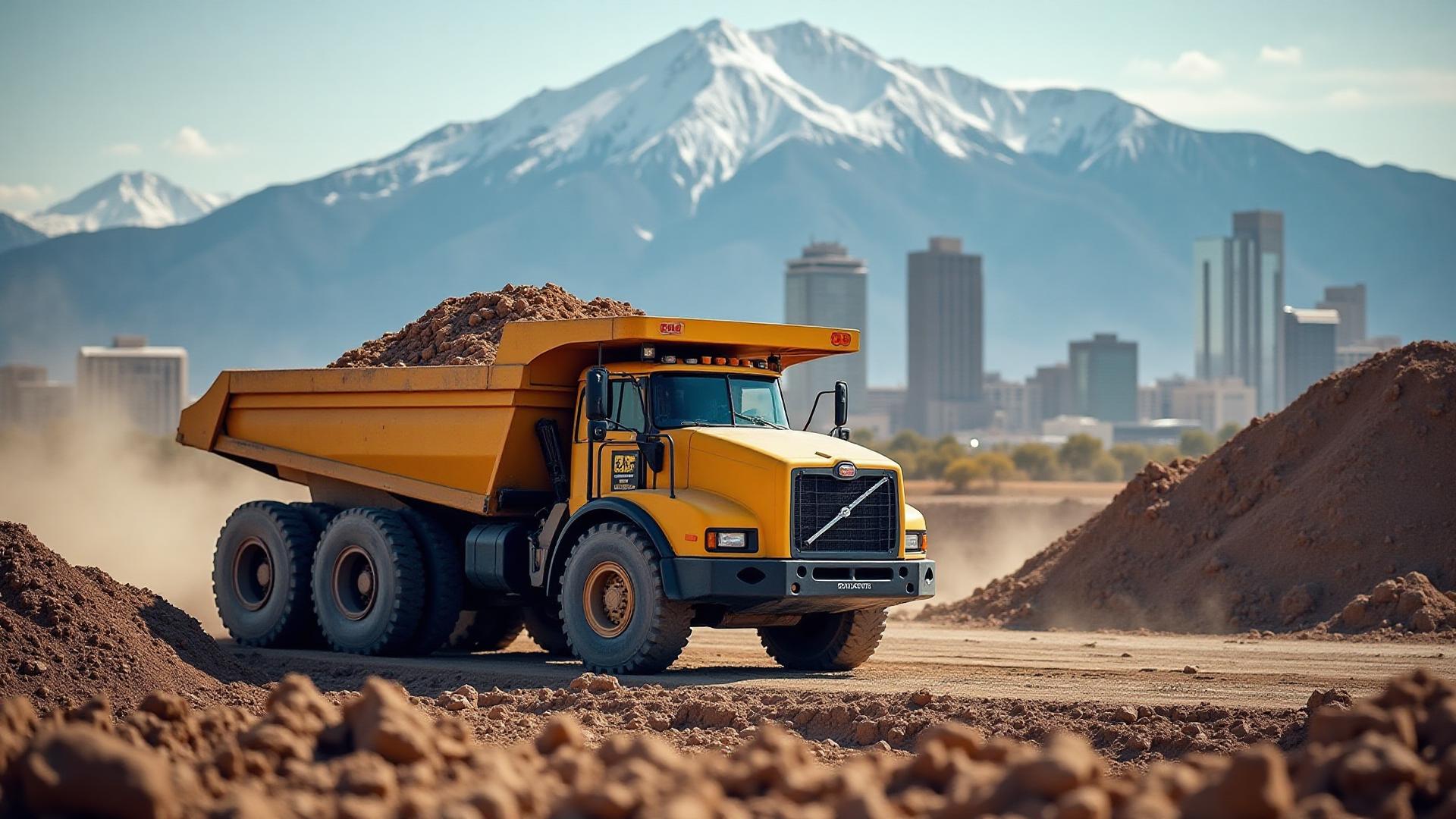 Dump truck delivering fill dirt in Denver with Front Range mountains
